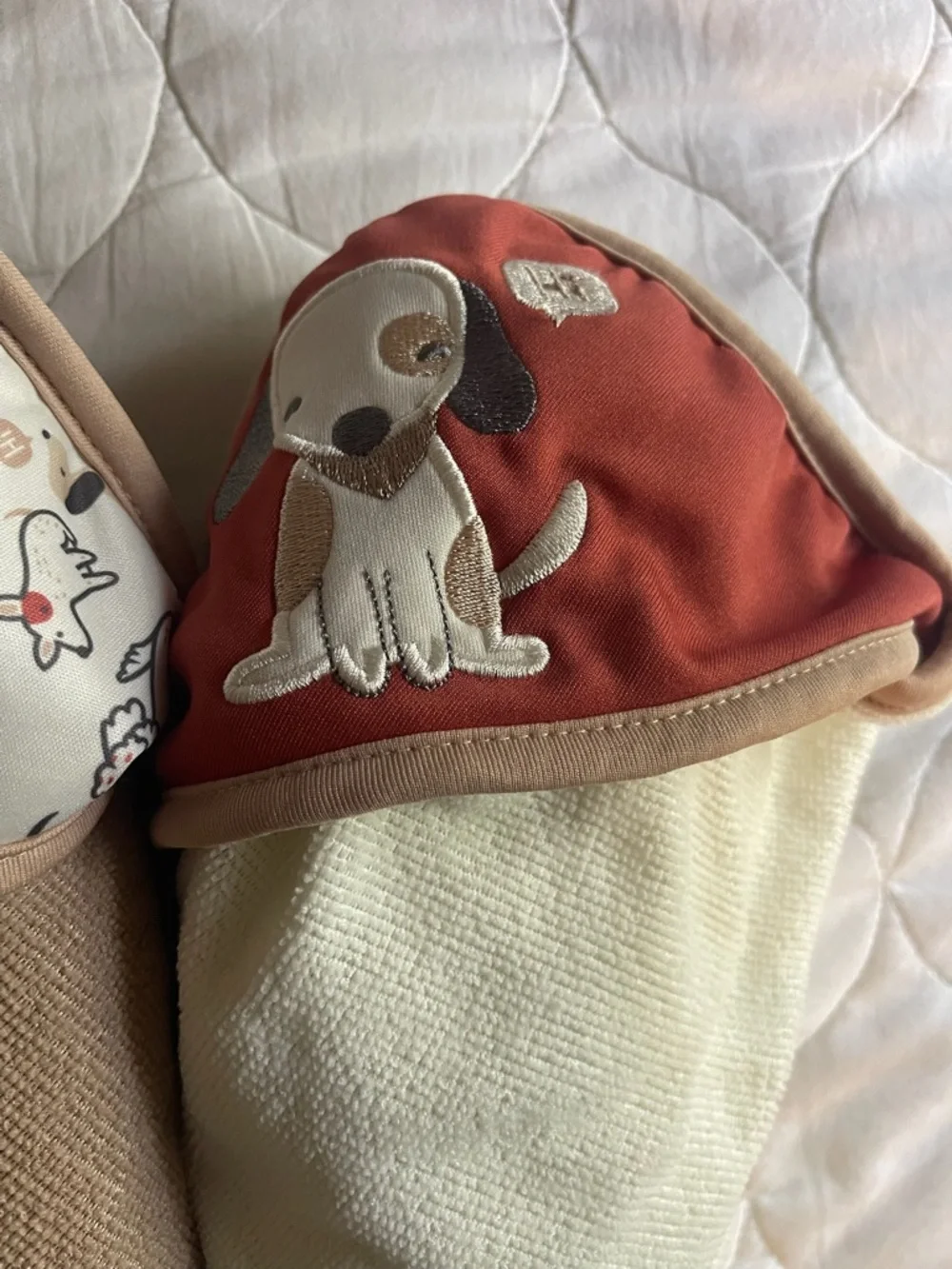 3 Baby Hooded Towels Dog Puppy Print Neutral Beige Cream Bath Towel Lot
